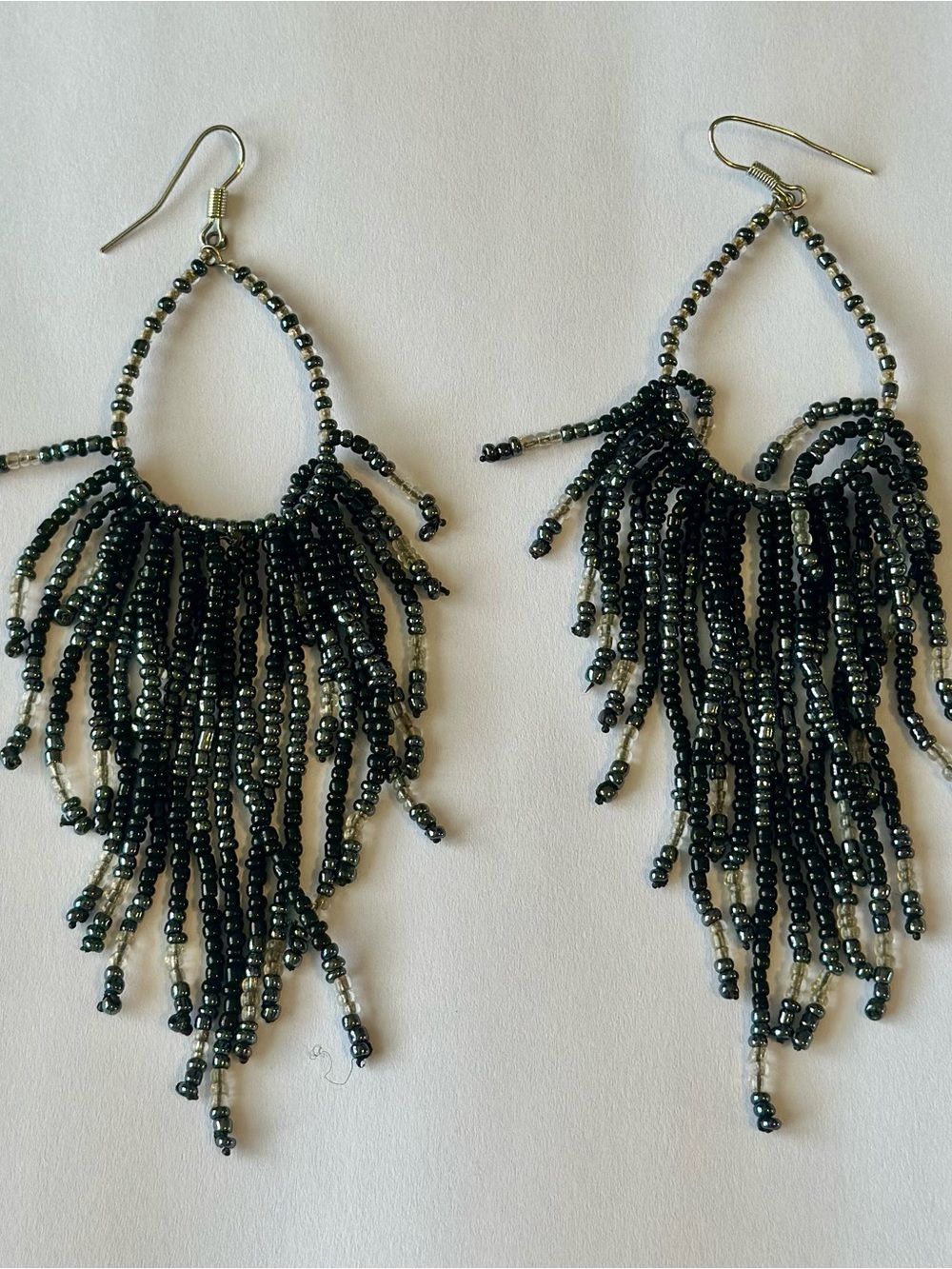 Black Beaded Fringe Drop Earrings by